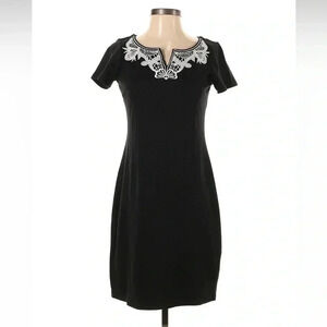 Talbots black dress, white embroidered sweetheart neckline, sz SP